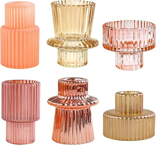 Pink Candlestick Holders 6PCS for Tealight Candle Stick Candles, Ribbed Glass Taper Candle Holders Set, Table Centerpieces for Weddings Christmas Home Decor Indoor and Outdoor