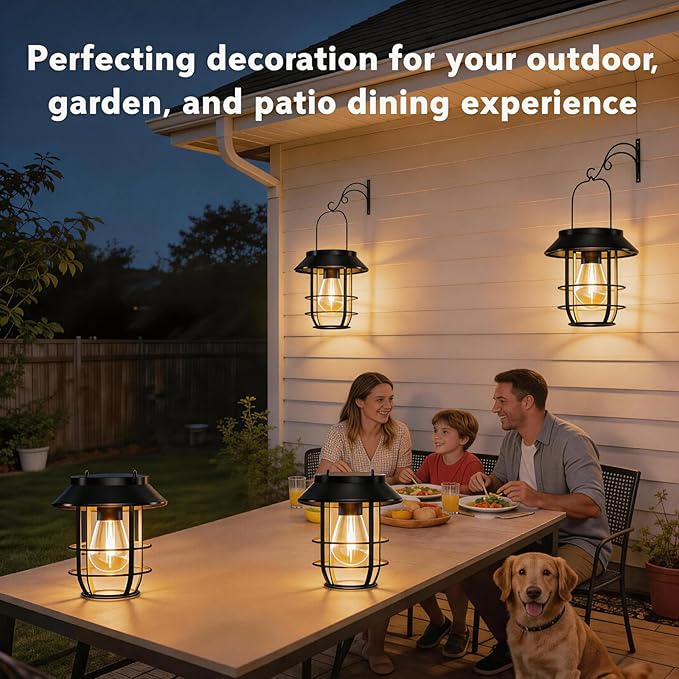 Solar Lanterns Outdoor Waterproof, High Brightness Hanging Solar Lights for Outside with Wall Hooks, Christmas Decor Retro Metal Outdoor Lanterns Auto On/Off for Patio, Yard Decor, Black,2Pack