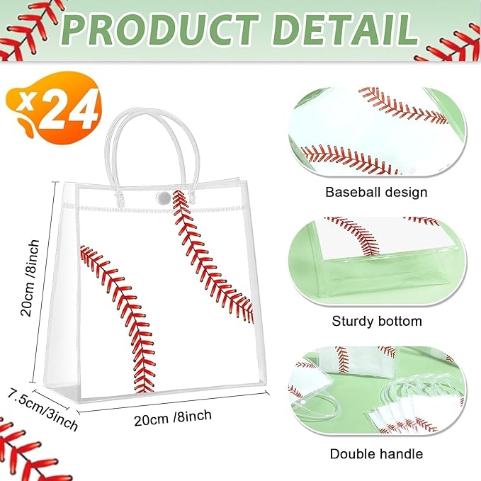 Lonfliness 24Pcs Baseball Clear PVC Gift Party Bags with Handles Bulk Sport Goodie Treat Candy Bags Baseball Present Bags for Boys Birthday Party Favor Baby Shower Decorations Supplies 8 x 8 x 3in