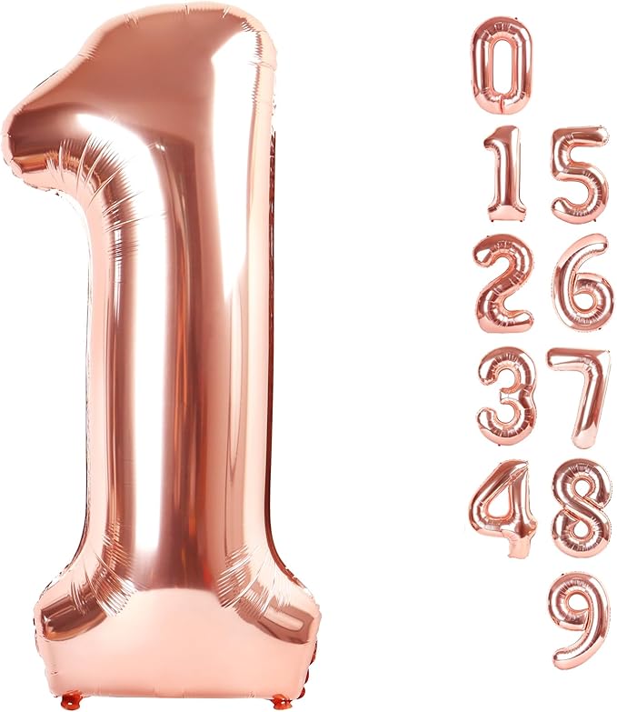 Number Balloons 1, 40 Inch One Balloons for 1st Birthday Girl Boy 1 11 21 Party Decorations Baby Shower Photo Shoot, Rose Gold 1 Balloon