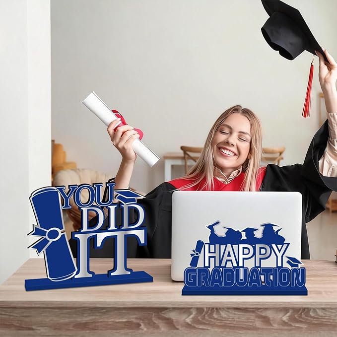 4Pcs Blue and Silver Graduation Decorations 2026 Congrats Grad Wooden Table Centerpieces Graduation Table Decorations for Class of 2026 Decorations