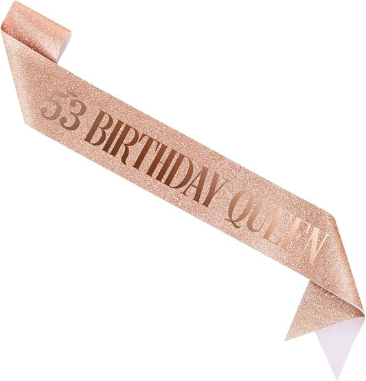 53 Birthday Queen 53rd Birthday Sash for Women, Rose Gold Glitter Sash with Foil