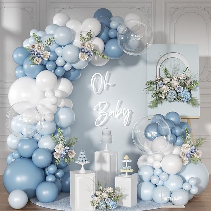 Dusty Blue Balloon Arch Kit 126 Pcs Light Blue and White Balloon Arch Garland Kit Include Macaron Balloons for Wedding Birthday Baby Shower Gender Reveal Bridal Decorations