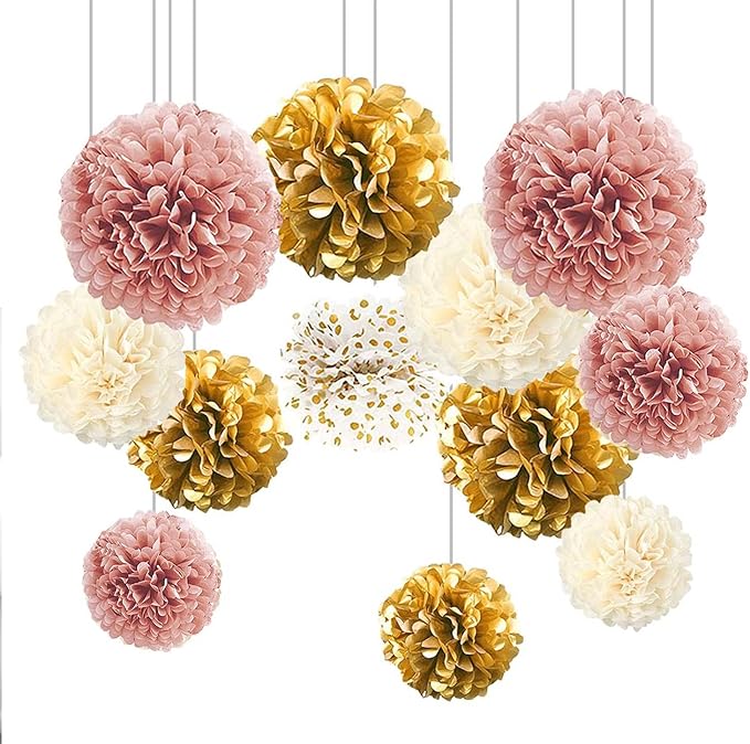 XIKSXITN 12 pc Gold Gradient Tissue Paper Pompoms-Hanging Gold Dot White Paper Pom Poms Paper Flowers Ball for Party Decorative(8&10&12 inch)