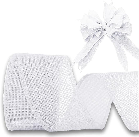 White Burlap Ribbon 2 inch X 10 Yard Natural Burlap Woven Ribbons DIY Handmade Edging Production Wreath Holiday Decoration Gift Ribbon for Gift Wrapping Jute Linen White Ribbons