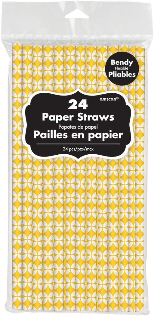 Amscan Tableware Collection, Paper Geo Diamond Straws, Party Supplies, Yellow, 7 3/4" x 1/4" 24ct