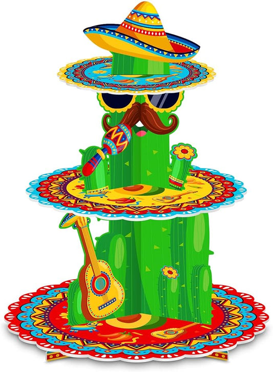 Fiesta Party Decorations - 3 Tier Mexican Birthday Party Cupcake Stand & Topper - Cactus Fiesta Cupcake Holder Display - Cinco De Mayo & Baby Shower Supplies
