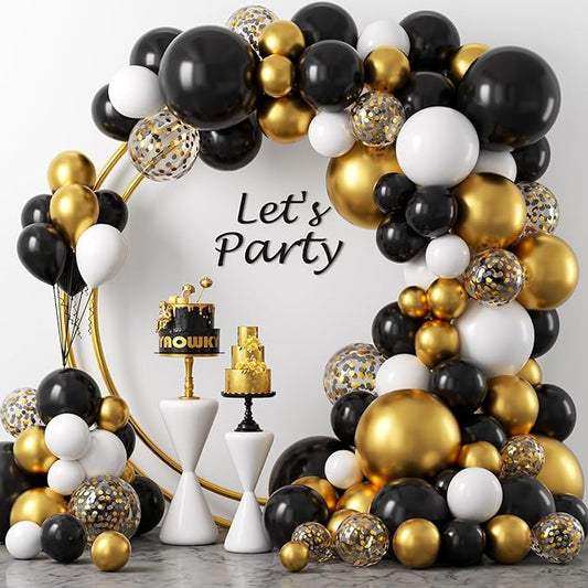 YAOWKY Black and Gold Balloons Arch Garland Kit,124pcs 18 12 10 5 Inch Black White and Gold Black Confetti Balloons for New Years Eve Party, Graduation, Birthday, Wedding, Baby Shower Decorations