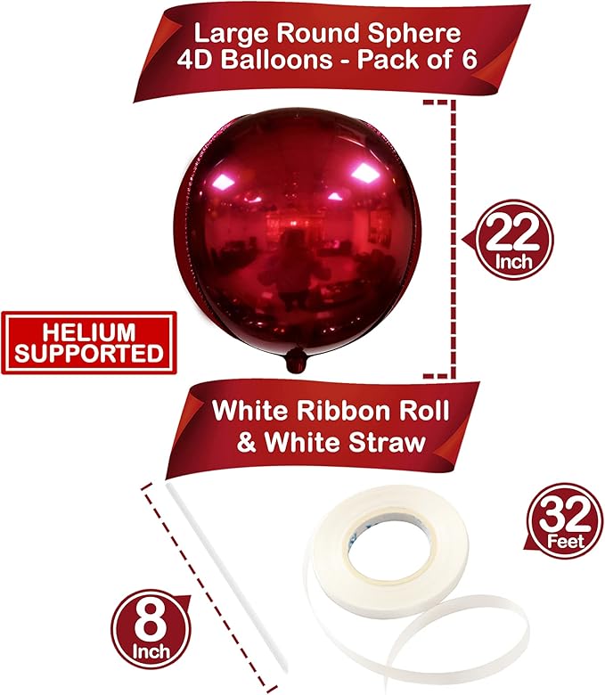KatchOn, Metallic Red Balloons - 22 Inch, Pack of 6 | Round 4D Mylar Cherry Balloons for Birthday Decorations | Maroon Balloon for Wedding, Graduation Decorations 2026 | Baby Shower Decoration