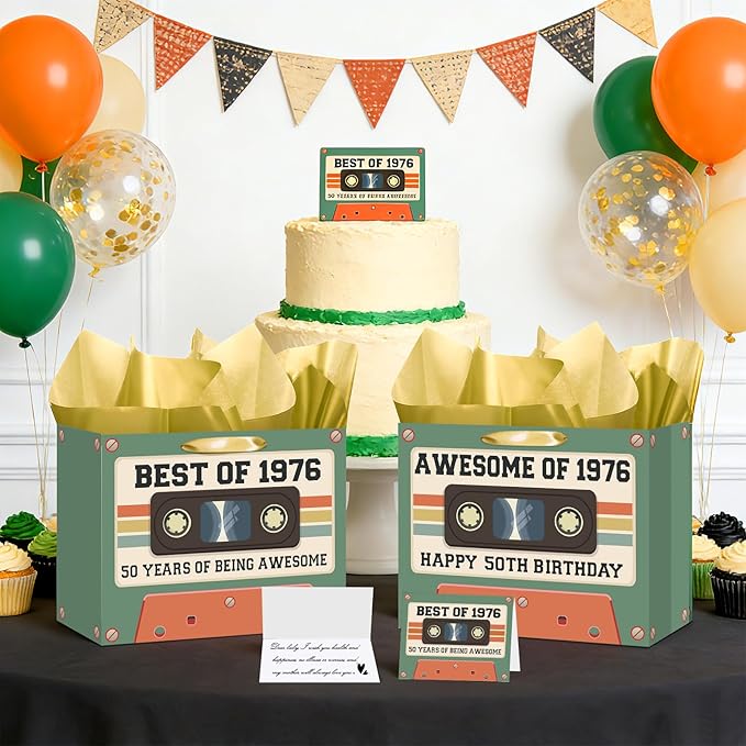 50th Birthday Gift Bag for Men Women Retro Tape 1976 Birthday Party Favor Bags with Tissue Paper and Card Green Vintage Cassette 50 Years Old Gift Wrapping Bag Decorations for Mom Dad Friends Gifts