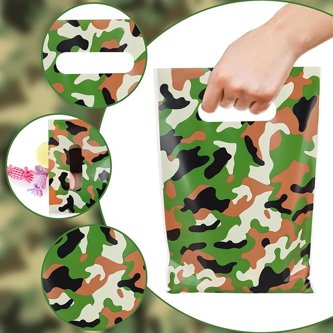 Hxezoc 50 Pieces Camo Party Bags Plastic Camo Bags Practical Gift Bags Military Party Favors for Army Theme Birthday Party Decoration Supplies