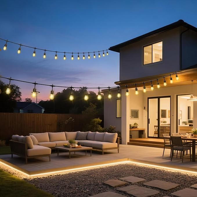 Outdoor Safety String Lights 100FT - Commercial Grade Low Voltage Strand with 40 S14 Shatterproof Bulbs for Tree Garden Yard bistro Cafe | Warm Yellow 3500K Party Lights | IP65 Waterproof | UL Listed