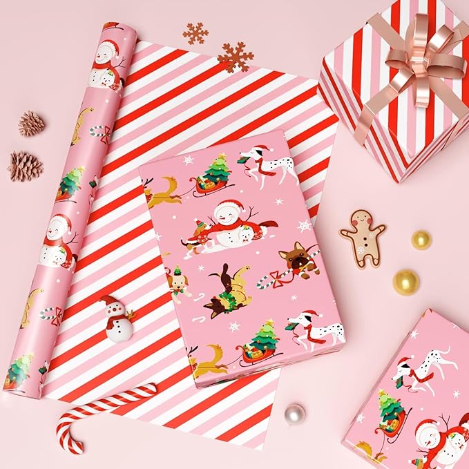 WERNNSAI Dog Christmas Wrapping Paper Roll - 1 Roll 17”x 33 ft Pink Puppy Christmas Wrapping Paper Reversible Red Candy Cane Stripe Gift Wrap for Kids Adults Xmas Winter Puppy Party Celebration