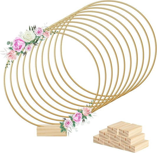 BOUBONI 10 Pcs 12 Inch Metal Floral Hoop Centerpiece with 10 Pcs Wooden Stand for Table Metal Wreath Ring Stand for Centerpiece Table Decorations Wedding Decor Wall Hanging Crafts