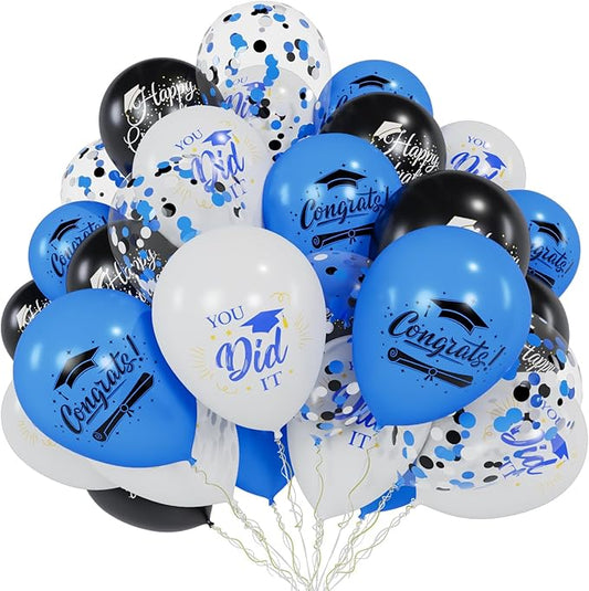 60 Pcs Graduation Balloons Class of 2026 Graduation Decorations - 12 Inch Congrats Grad Balloons Blue Black and White Latex Balloon Grad Party Decorations for College, High School