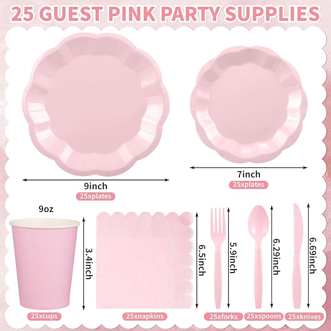 NatNarr 175 Pcs Pink Paper Plates and Napkins Set Include 9" Dinner Plates, 7" Dessert Plate Disposable Scalloped Tableware Serve 25 Guest for Wedding Baby Shower Bridal Shower Birthday