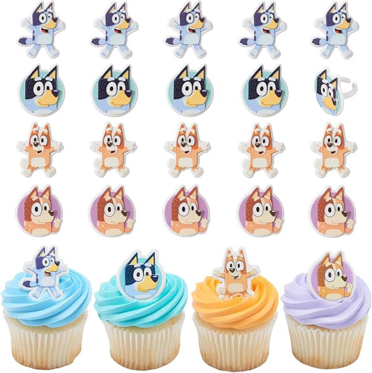DecoPac Bluey So Much Fun Rings, 24 Cupcake Decorations Featuring Bluey, Bingo, Bandit, and Chilli, 3D Food Safe Cake Toppers – 24 Pack