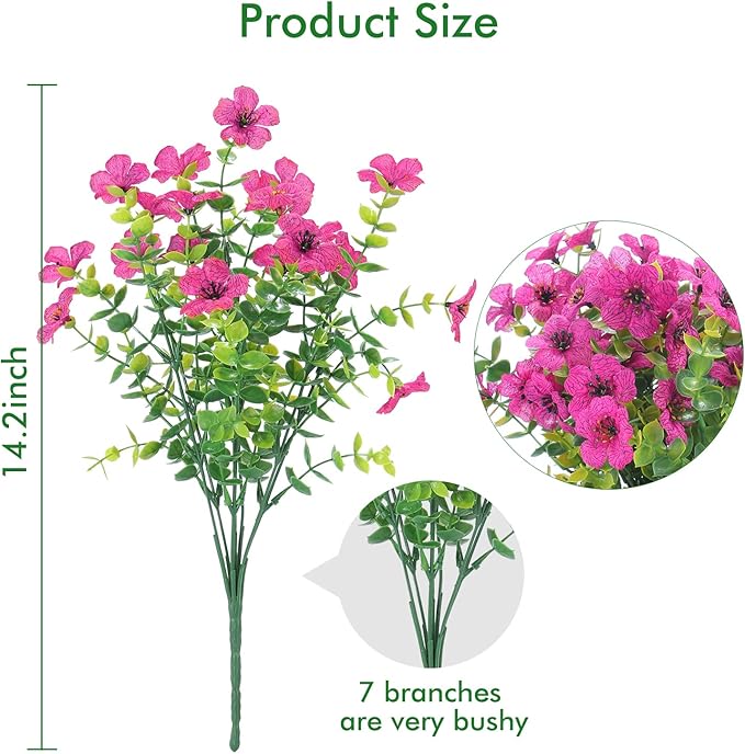 XEOLIAN 12 Bundles Artificial Flowers Outdoor UV Resistant Fake Plastic Plants Indoor Outside Hanging Plants Garden Porch Window Box Home Wedding Farmhouse Festive Shrub Decor (Rose Red)
