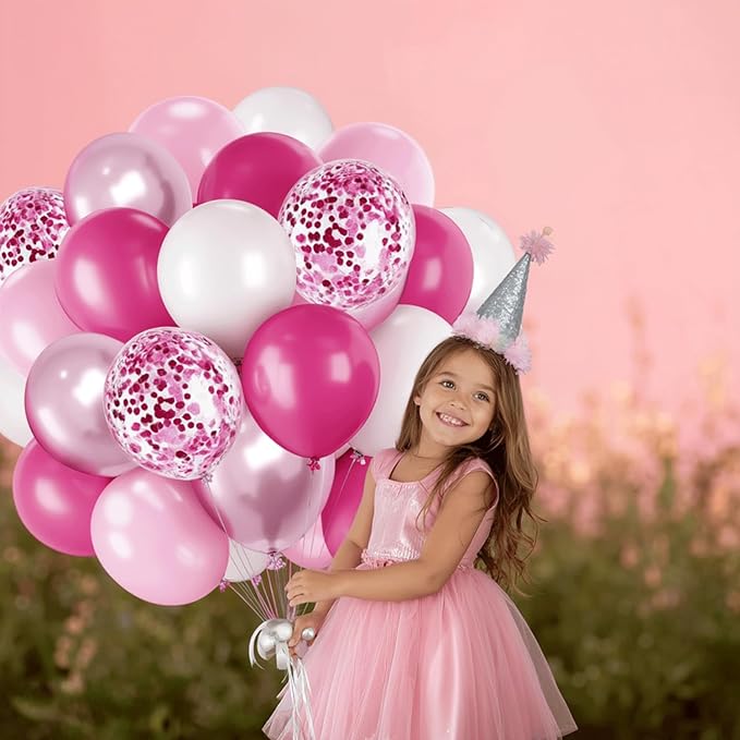 Hot Pink White Balloons Set, Include 50pcs 12inch Pastel Light Pink Confetti White Latex Balloons and Metallic Pink Balloon with Ribbons for Birthday Wedding Princess Party Decorations