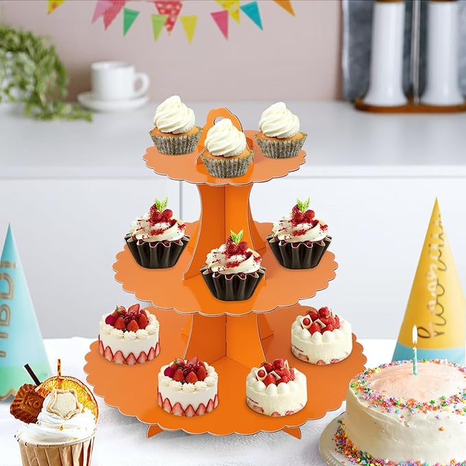 Soleebee 3-Tier Cupcake Stand, Cardboard Cupcake Tower, Dessert Cup Cake Stand Tower for Birthday Wedding Party Decoration, Cupcake Tier Stand 2 Set (Orange)