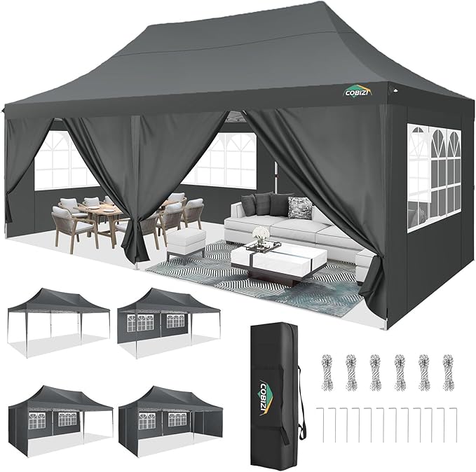 COBIZI 10x20 Pop Up Canopy with 6 Sidewall, Commercial Canopy UPF 50+ Waterproof Outdoor Gazebo with Carry Bag, Tents for Parties with Upgrade Frame, 3 Height Adjustable, Classic Grey