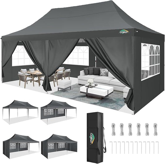COBIZI 10x20 Pop Up Canopy with 6 Sidewall, Commercial Canopy UPF 50+ Waterproof Outdoor Gazebo with Carry Bag, Tents for Parties with Upgrade Frame, 3 Height Adjustable, Classic Grey