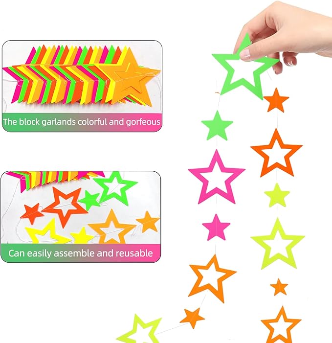 WELITTCON 102feet Neon Paper Garland Streamers Hollowed Star Black Light Decorations Glow Party UV Reactive Favors in The Dark Supplies for Wedding Birthday Garlands