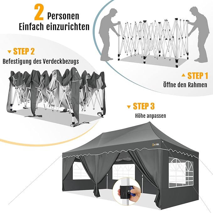 HOTEEL 10x20 Pop up Canopy Tent with 6 Removable Sidewalls, Wave Hem Roof 10x20 Canopy with Wheel Bag and 4 Sandbag, Commercial Pop up Tent Waterproof Sunshade for Market Wedding Party Stall (Grey)