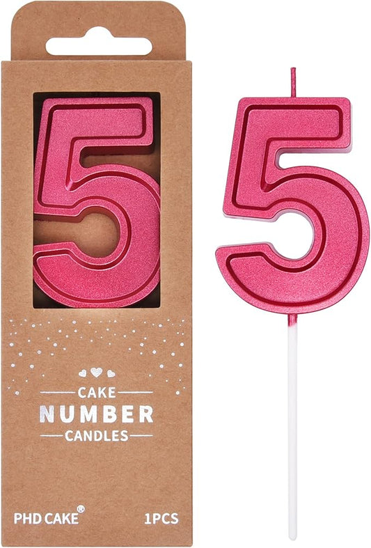 PHD Luxe Red 2.76 Inch 5 Number Birthday Candles, Red Cake Candles for Party Celebration