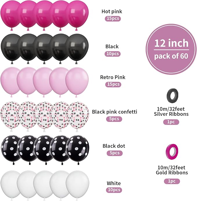 Pink Black Balloon Set, 60PCS Rose Red Black Birthday Balloons, 12 Inch Hot Pink White Latex Balloon Black Dots Pink Confetti Helium Balloons for Girls Theme Birthday Bridal Party Supplies