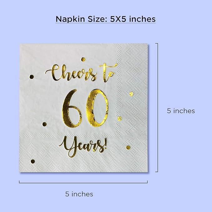 Cheers to 60 Years Cocktail Napkins | Happy 60th Birthday Decorations for Men and Women and Wedding Anniversary Party Decorations | 50-Pack 3-Ply Napkins | 5 x 5 inch folded (White)