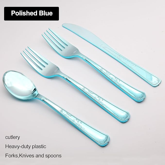 180 Pack Disposable Light Blue Plastic Silverware Contain 60 Forks,60 Spoons,60 Knives, Solid and Durable Plastic Cutlery Utensils Set Perfect for Parties,weddings.