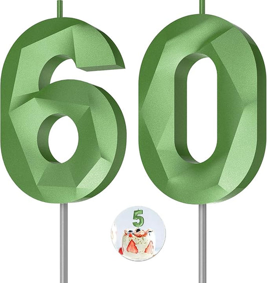 Number Birthday Candles(60 Candle Green) 3D Diamond Shape Number Happy Birthday Cake Candles for Birthday Party Wedding Decoration Reunions Theme Party