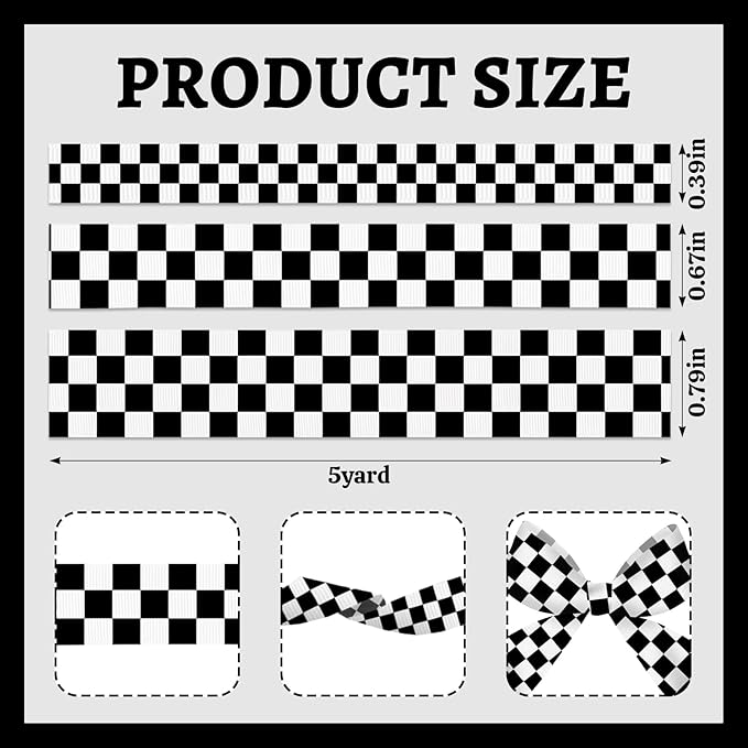 3 Rolls 15 Yards Racing Car Theme Printed Ribbon Black White Checkered Ribbon for Crafts Buffalo Plaid Wrapping Ribbon for Wreath Sports Team Racing Car Party Home Decoration
