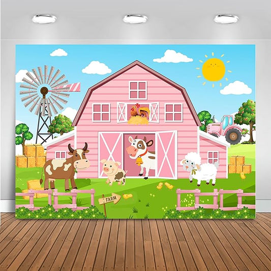 Mocsicka Pink Farm Barn Backdrop Large Cartoon Farm Animals Birthday Paty Decorations for Girls Farm Theme Birthday Cake Table Banner Photography Background (Pink, 10x7ft(120"x82"))