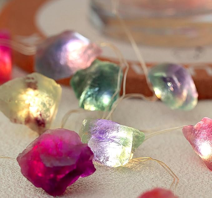 20 LED Multicolor Natural Fluorite Crystal String Lights - 6.5ft USB/Battery Operated with Remote Control & Timer for Bedroom Indoor Wedding Party Christmas Decor