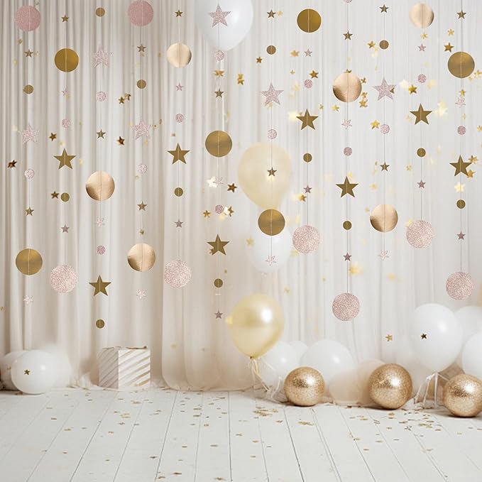 Star and Circle Hanging Garland, 65 feet Champagne Gold Party Decorations Stars Banner Streamer Backdrop for Birthday Baby Shower Christmas New Year Eve Starry Night Theme Party Supplies