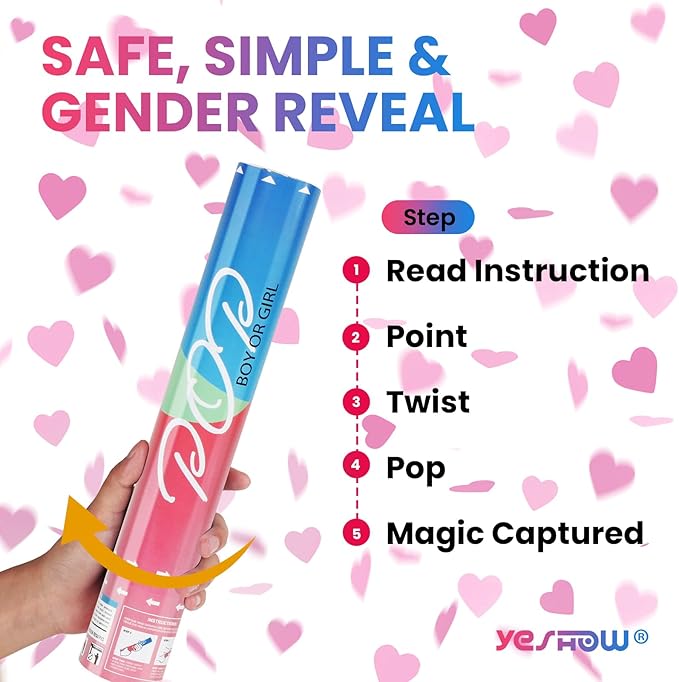 Gender Reveal Poppers Pink, Baby Girl Confetti Cannons 2 Pack with Heart Shaped Confetti for Baby Shower, Birthday, Gender Reveal Party Supplies - 12 inch