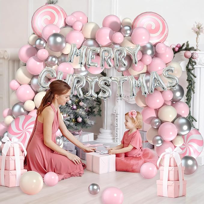 Christmas Balloon Garland Arch Kit 115pcs Pink Silver White Balloon Garland with Candy Windmill Merry Christmas Balloons for Xmas Party Decorations