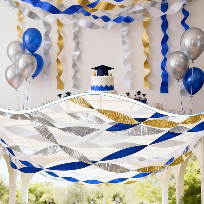 Dqwtb 8 Rolls Navy Blue White Gold Crepe Paper Streamers Royal Blue Party Decorations Streamer Paper Garland for Graduation Birthday Wedding Bridal Shower