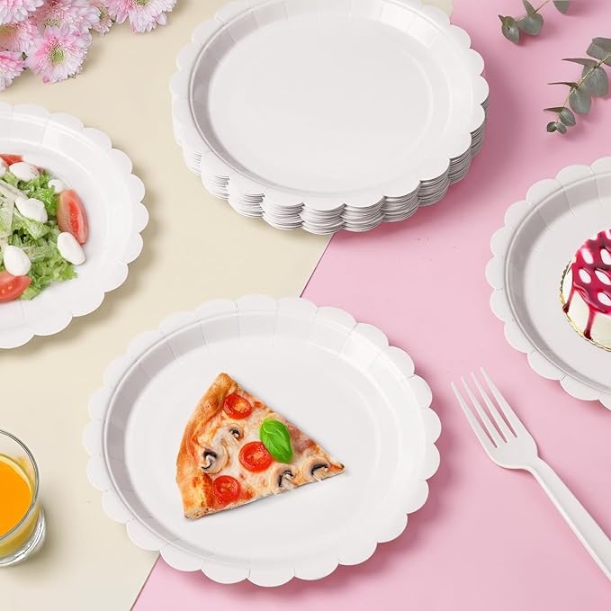 105PCS Paper Plates and Napkins Set, 7 Inch Scalloped Disposable Tableware with Forks for Birthdays, Garden Parties & Outdoor Events, Serves 35 (White)