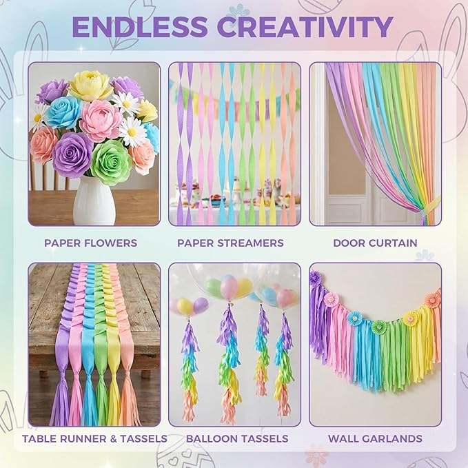 Koogel 12 Rolls Pastel Macaron Crepe Paper Streamers - 1.8 in x 82 ft Each - Soft Color Decorations for Baby Shower, Spring Party, Wedding, Easter, Birthday & Piñata Making