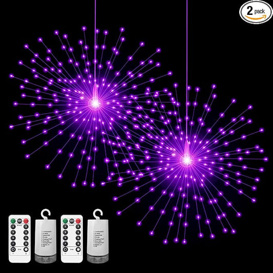 PXBNIUYA 2 Pack Starburst Sphere Lights,200 LLED Firework Lights, 8 Modes Dimmable Remote Control Waterproof Hanging Fairy Light, Copper Wire Light for Patio Parties Christmas (Purple)