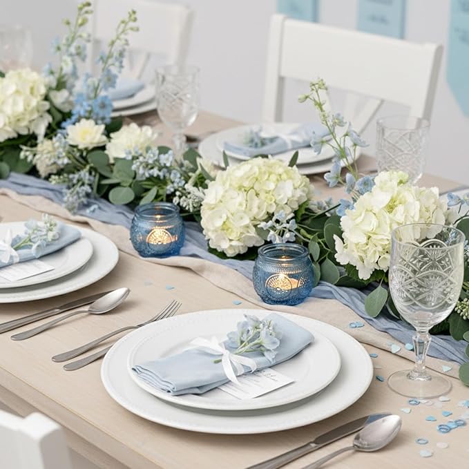24 Pcs Blue Votive Candle Holders for Bridal Shower Decorations- Floral Style Dusty Blue Candle Holder for Wedding Table Centerpieces, Baby Shower Decor