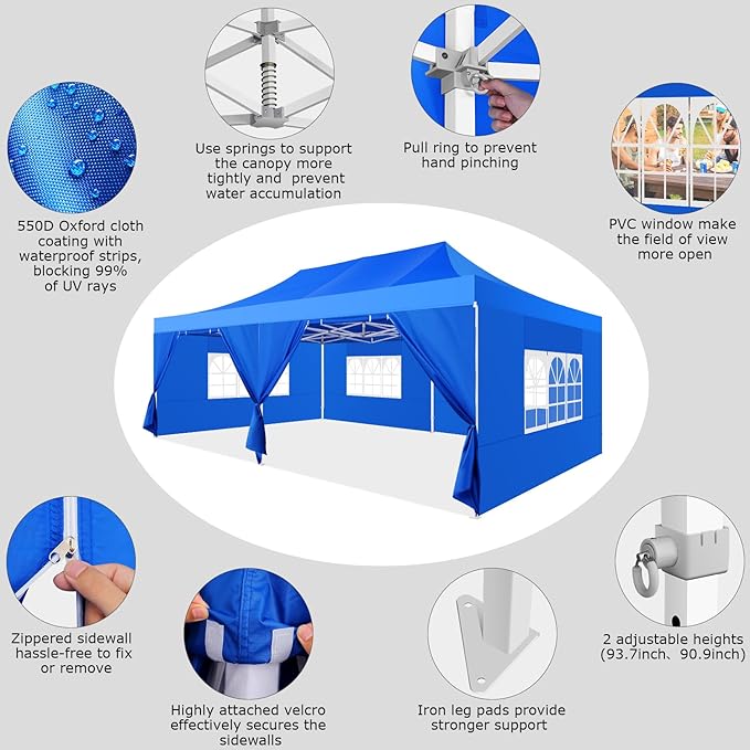 COBIZI 10x20 Heavy Duty Pop Up Canopy Tent with 6 Sidewalls Thicken Frame, Commercial Easy Up Outdoor Wedding Party Tents, All Season Waterproof Windproof with Stakes Sandbags Ropes Roller Bag, Indigo