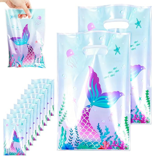Matwsec 50 Pcs Mermaid Goodie Bags Plastic Gift Bag Christmas for Party Favor Under The Sea Goodie Bag Mermaid Tail Treat Bags with Handles for Candy Girls Kids Birthday