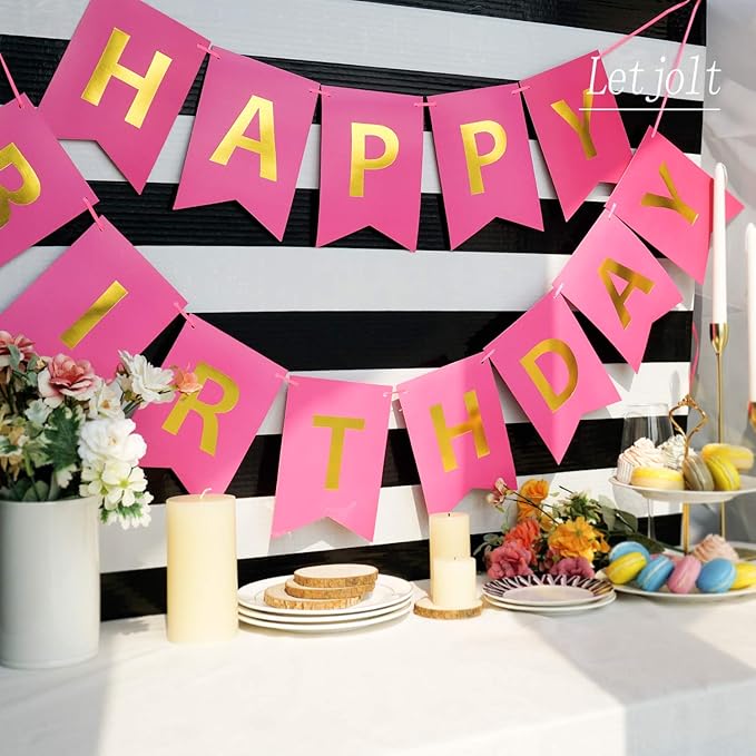 Letjolt Happy Birthday Banner Pure Roseo Party Signs Golden Sparkle Bunting Funny Supplies for Girls Birthday Party Decorations 13 Pieces