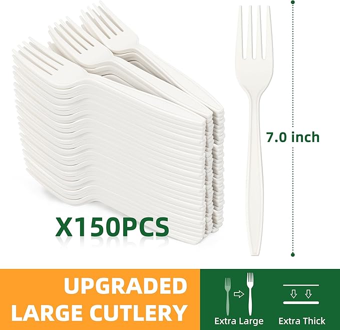 100% Compostable Fork, 7" Disposable Cornstarch Forks Heavy Duty Cutlery BPI Certified Eco-Friendly Utensils Biodegradable Party Dinner Supplies No Plastic-150pcs Forks