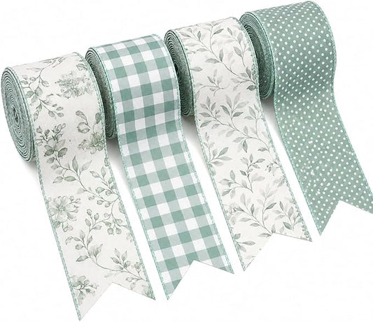 Sage Green Wired Ribbon Set, 4 Rolls 2.5 Inch Decorative Ribbon with Floral Gingham Polka Dot Leaf Designs for Wreaths, Bows, Gift Wrapping, Wedding Crafts