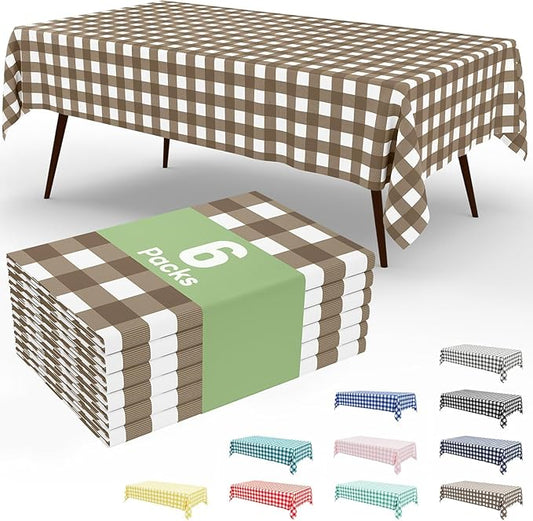 Smiry 6 Pack Brown Gingham Disposable Tablecloths - 54" x 108" Heavy Duty Plastic Table Cloth, Waterproof Buffalo Plaid Table Covers for Picnic, Banquets, Outdoor Parties
